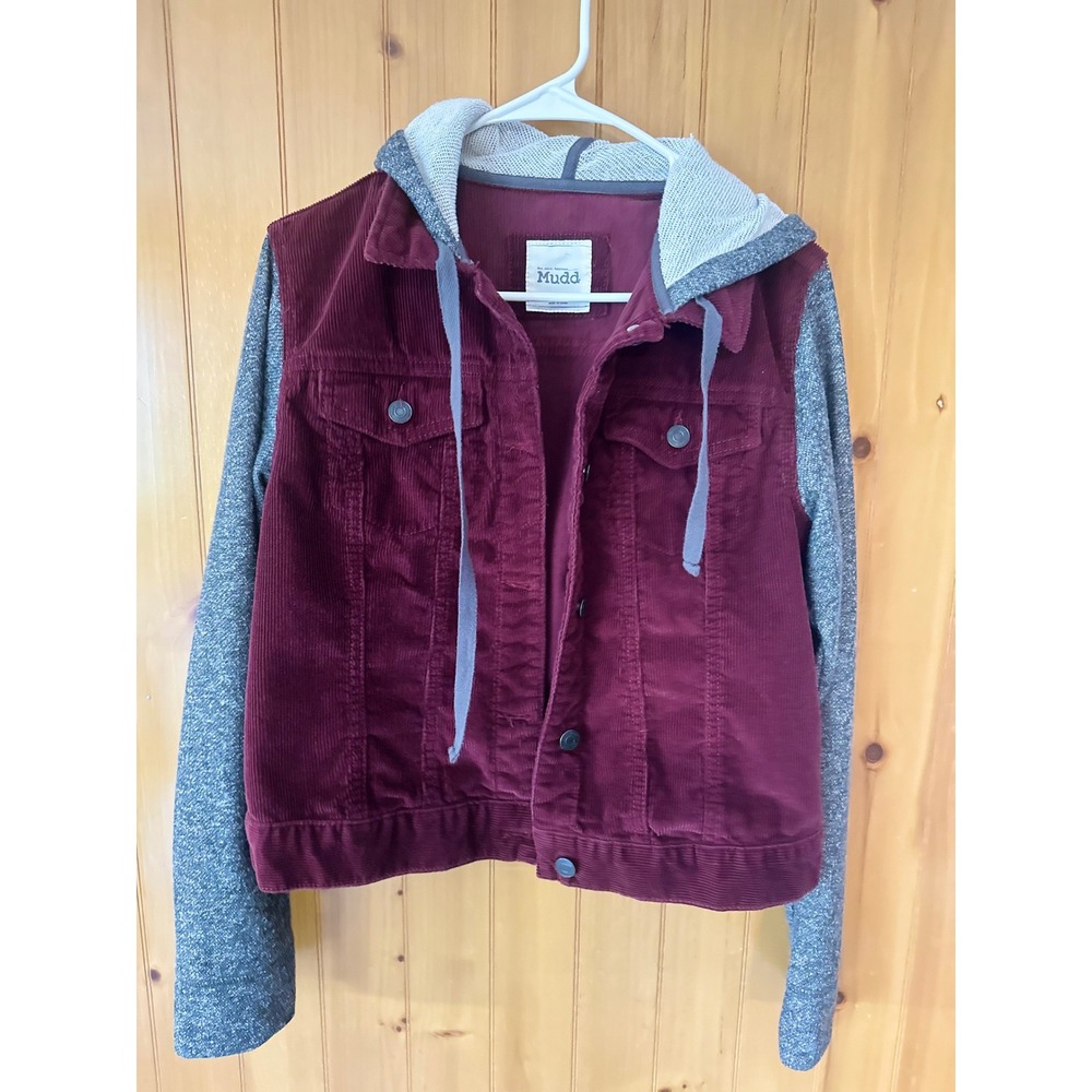 Y2K Mudd Grunge Corduroy Hooded Trucker Retro Jacket Burgundy Grey Mixed Media L